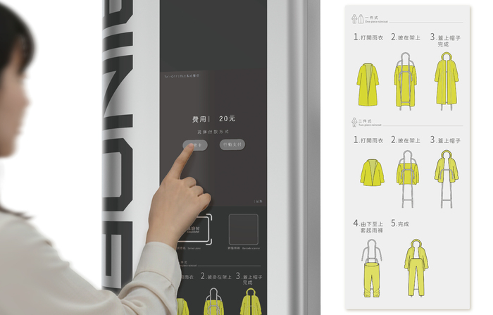 RainOFF 提供便利的雨衣風乾服務，使用者可依照指引，將一件式或兩件式雨衣掛上專用架，透過觸控介面選擇付款方式，即可啟動快速風乾服務。