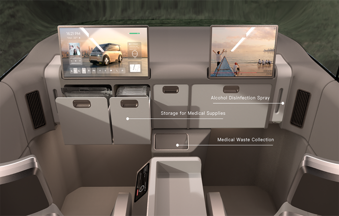 The interior integrates dialysis equipment and supplies, allowing patients to receive treatment on board without bringing their own.