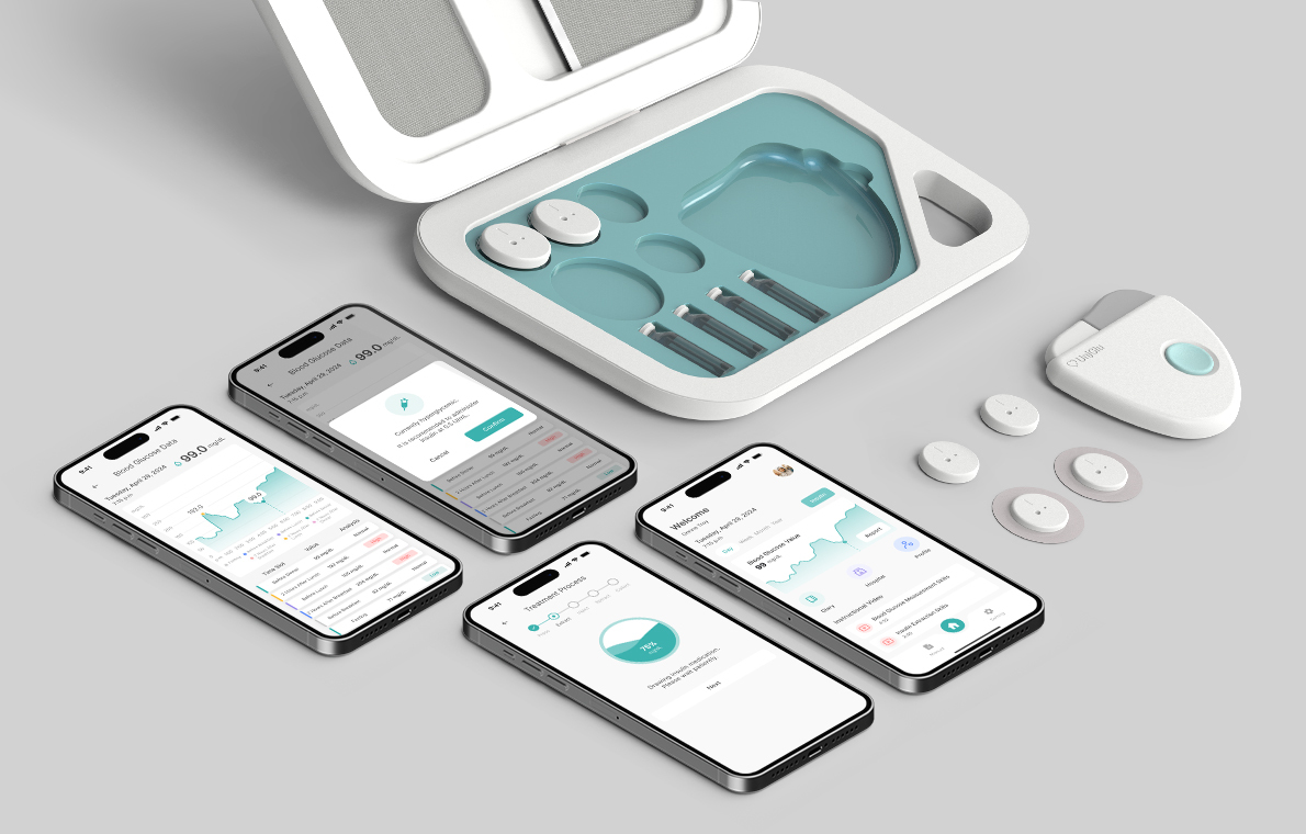 Students Tai-Ling Tung, Ruei-Ling Lin, Hsuan-Yi Chen, Xiao-Yun Feng, Tao-Hua Liu Winning「2025 IDA Design Award - Honorable Mention」with the work「UniGlu - One puncture, endless care」. Faculty advisor：Ching-I Chen、Meng-Cong ZhengImage